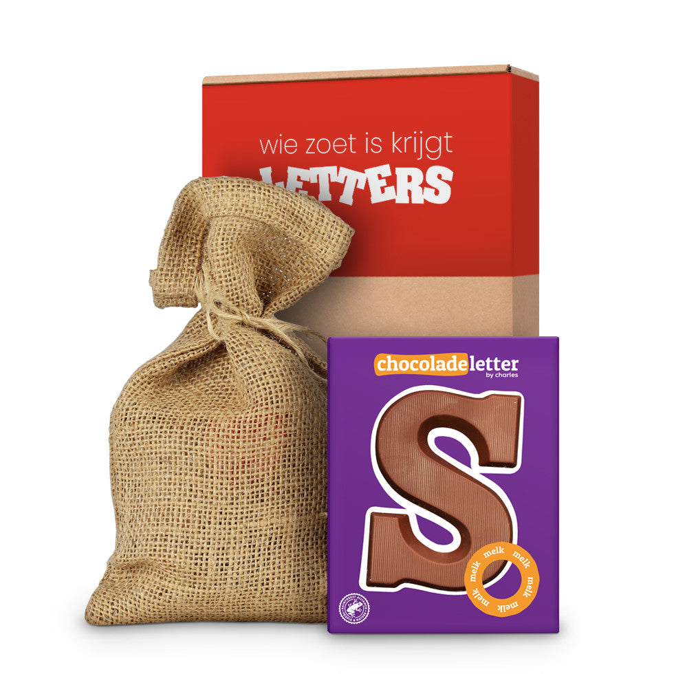 Chocoladeletter S in jute zak - 80 gram