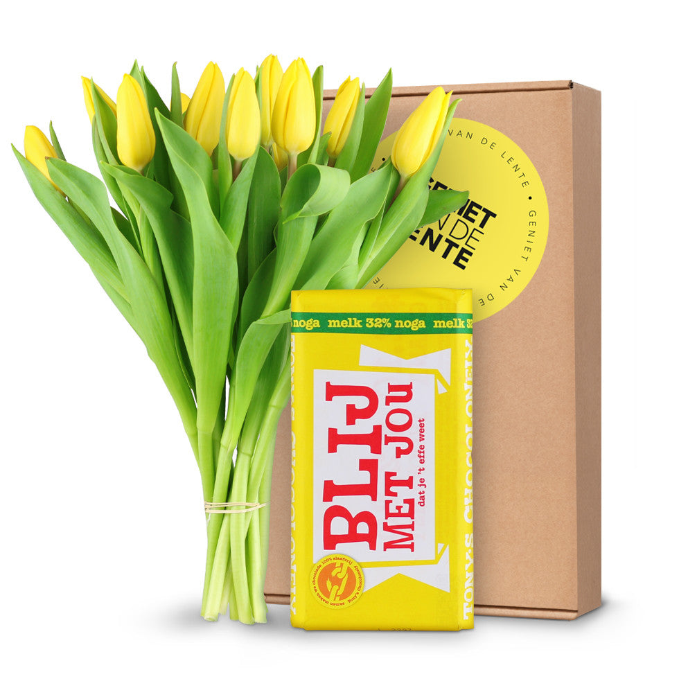 Fleurtjedag brievenbustulpen geel "Blij met jou"